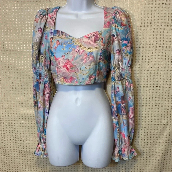 Dolls Kill Tops - Sugar Thrillz from Dolls Kill Renaissance Ceiling Paint Puff Sleeve Crop Top